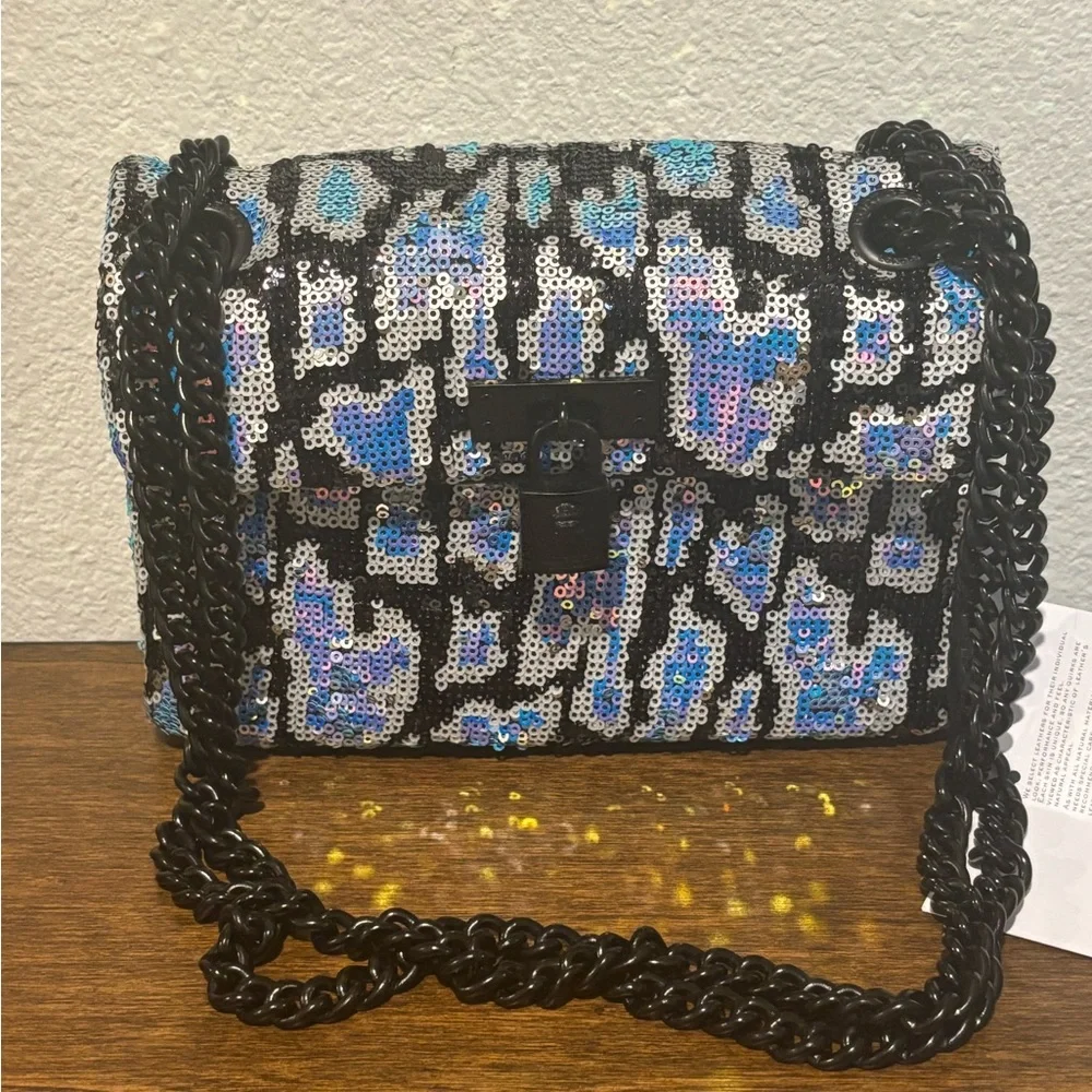 Kurt Geiger Blue & Purple Sequin Leopard Crossbody with Black Chain - Picture 2 of 8
